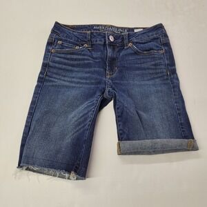 American Eagle Outfitters Bermuda Denim Shorts Womens 4 Cuffed Raw Hem Stretch